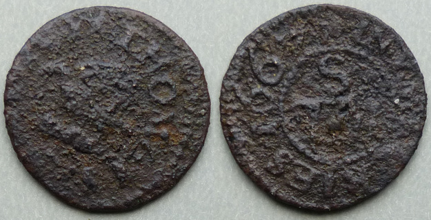 The Minories, Thomas Sandon AT YE eagle and child 1667 farthing